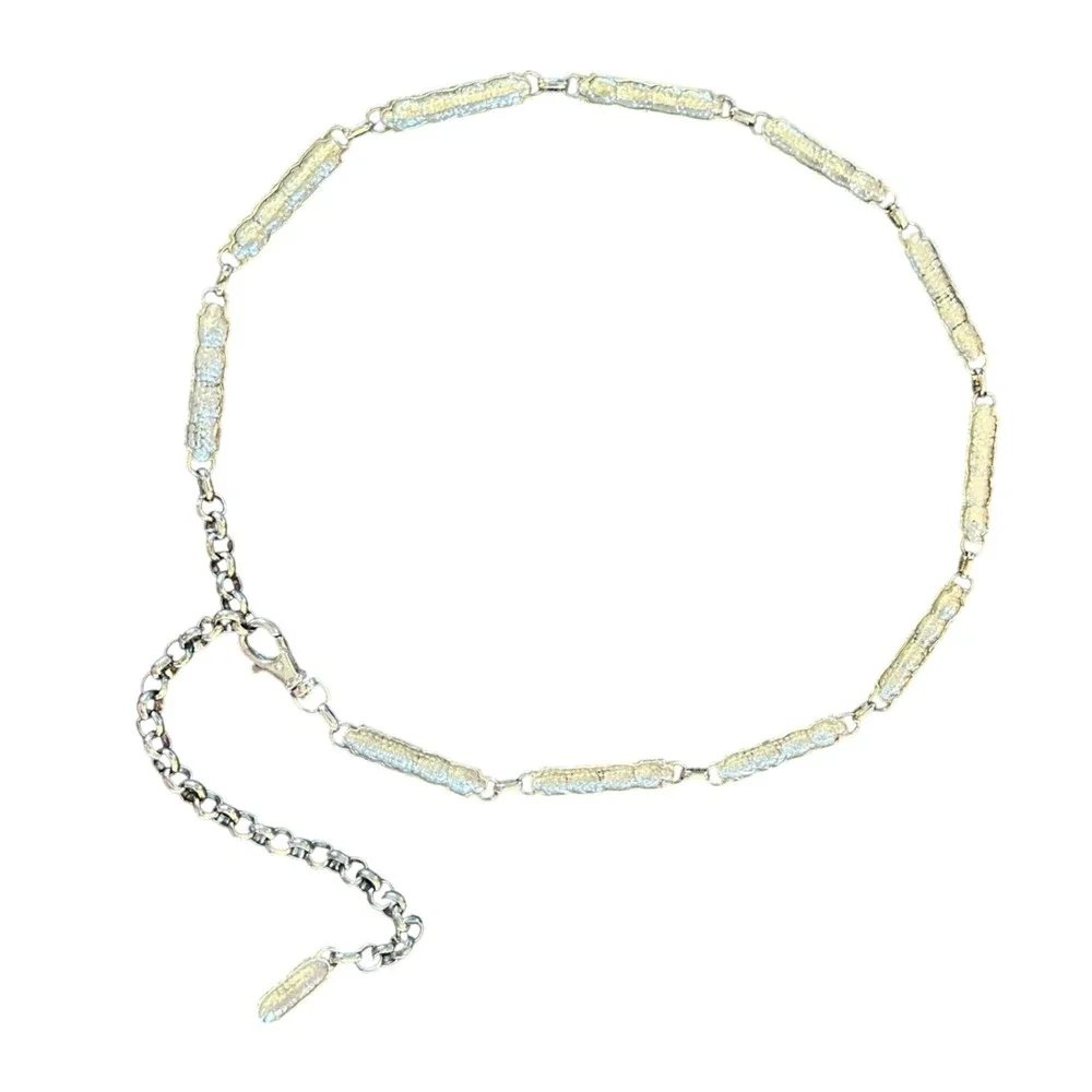 Textured Barrel Link Chain Belt Silver Tone Adjustable 30-40